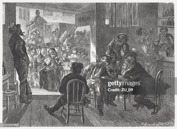 bildbanksillustrationer, clip art samt tecknat material och ikoner med drunkards in the wild west, wood engraving, published in 1880 - saloon