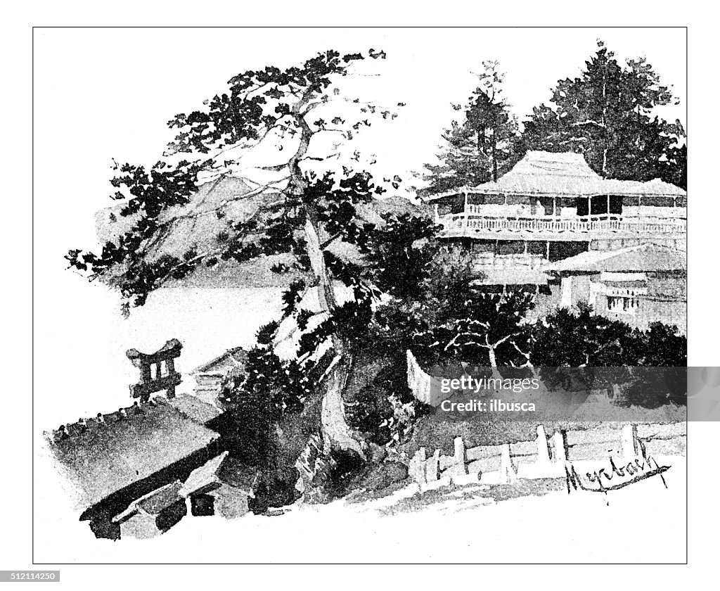 Antique dotprinted watercolor illustration of Japan: Landscape