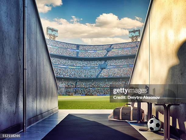 view to soccer stadium from players zone - soccer stadium stock pictures, royalty-free photos & images