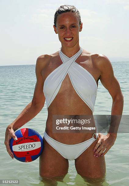 Olympic swimmer Karen Pickering of Great Britain poses during the Speedo Athlete Beach Day at Speedo Beach on August 24, 2004 in Athens, Greece.