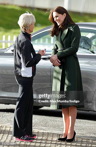 Catherine, Duchess of Cambridge is greeted by Judy Murray as she arrives at Craigmount High School on February 24, 2016 in Edinburgh, Scotland. The...