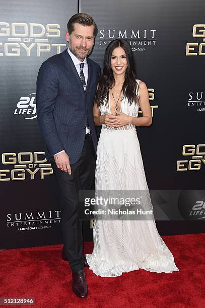 Actors Nikolaj Coster-Waldau and Elodie Yung attend the "Gods Of Egypt" New York Premiere at AMC Loews Lincoln Square 13 on February 24, 2016 in New...