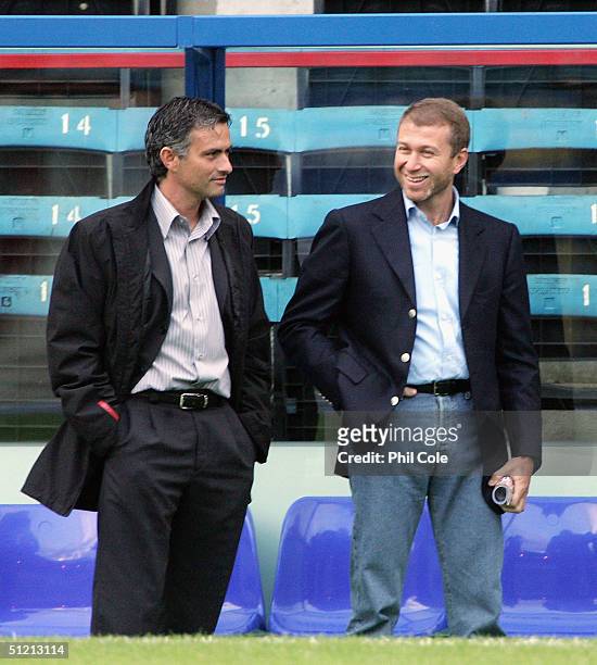 Manager of Chelsea, Jose Mourinho, talks with Chelsea owner Roman Abramovich before the Barclays Premiership match between Crystal Palace and Chelsea...
