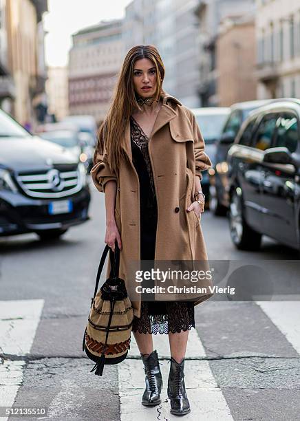 Negin Mirsalehi is wearing a Albertra Feretti dress and bag seen outside Alberta Ferretti during Milan Fashion Week Fall/Winter 2016/17 on February...