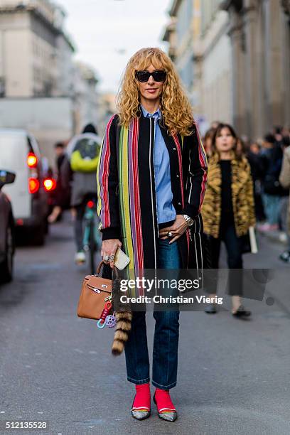 Elina Halimi seen outside Alberta Ferretti during Milan Fashion Week Fall/Winter 2016/17 on February 24, 2016 in Milan, Italy