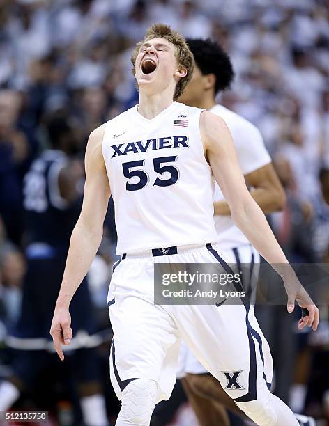 Macura of the Xavier Musketeers celebrates during the game against the Villanova Wildcats at Cintas Center on February 24, 2016 in Cincinnati, Ohio.