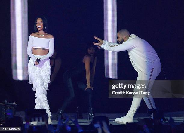 Rihanna and Drake perform on stage at the BRIT Awards 2016 at The O2 Arena on February 24, 2016 in London, England.