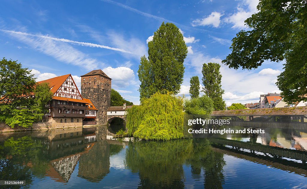 View of Henkersteg bridge and Pegnitz river, Nuremberg, Bavaria, Germany