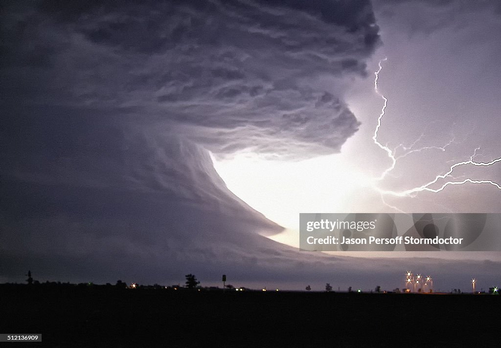 An explosive cloud-to-cloud bolt shoots from this tornadic supercell with highly structured rotation, Pampa, Texas, USA