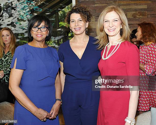 President, AMPAS, Cheryl Boone Isaacs, Chairman, Universal Pictures, Donna Langley and CEO, AMPAS, Dawn Hudson attend the 3rd Annual DVF Oscar...
