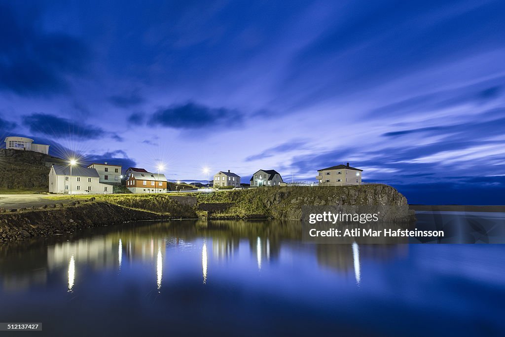 Residential homes at dusk, Stykkisholmur, Snaefellsnes, Iceland