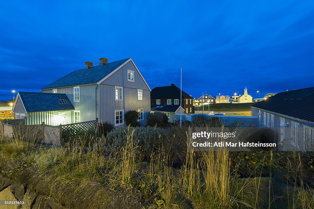 Residential homes at dusk, Stykkisholmur, Snaefellsnes, Iceland