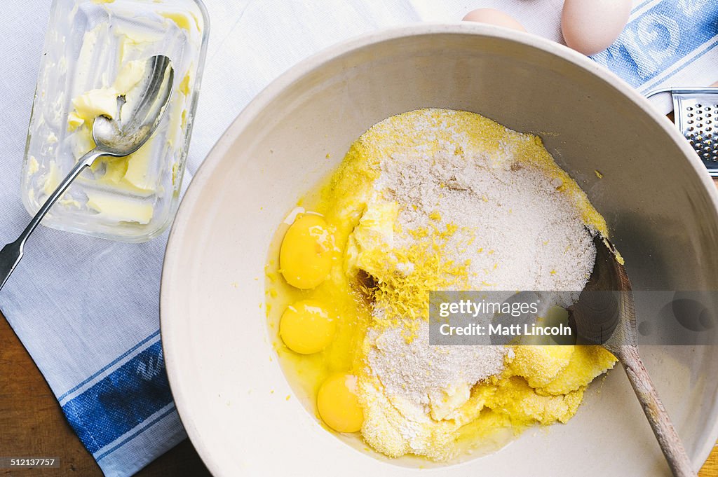 Eggs and flour in mixing bowl