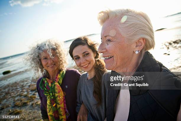 female family members chatting on beach - multi generation family stock pictures, royalty-free photos & images