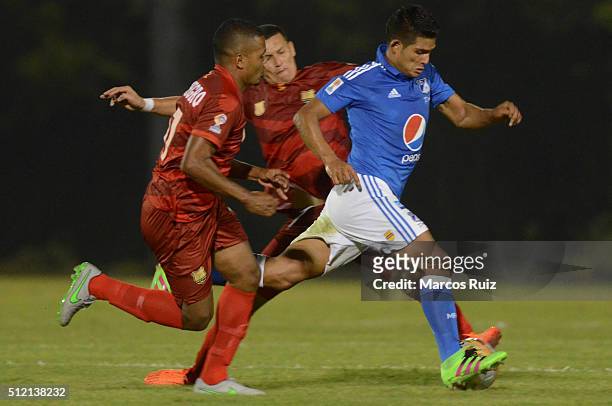 David Silva of Millonario fights for the ball with Hilton Murillo of Rionegro during the 6th round match between Rionegro Aguilas and Millonarios as...