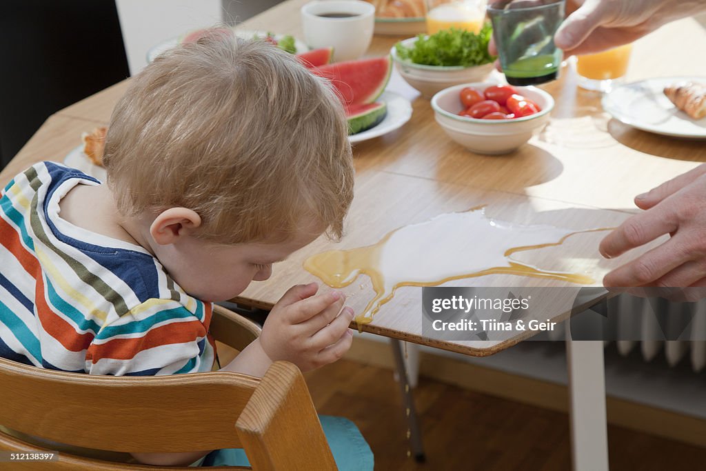 Male toddler accidently spilling orange juice at breakfast table