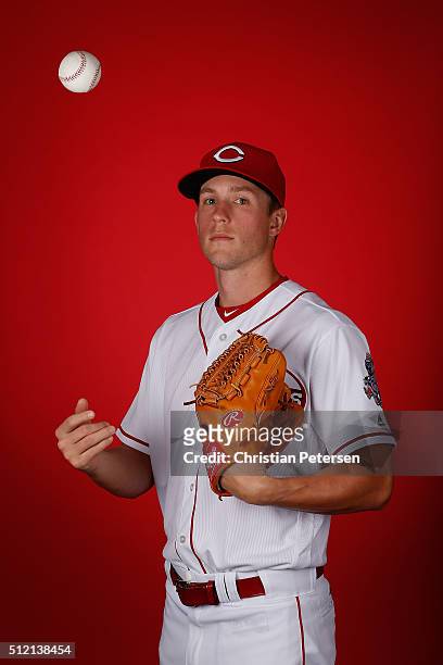 Pitcher Layne Somsen of the Cincinnati Reds poses for a portrait during spring training photo day at Goodyear Ballpark on February 24, 2016 in...