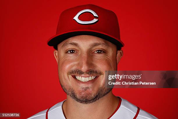 Jordan Pacheco of the Cincinnati Reds poses for a portrait during spring training photo day at Goodyear Ballpark on February 24, 2016 in Goodyear,...