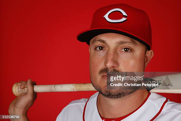 Jordan Pacheco of the Cincinnati Reds poses for a portrait during spring training photo day at Goodyear Ballpark on February 24, 2016 in Goodyear,...
