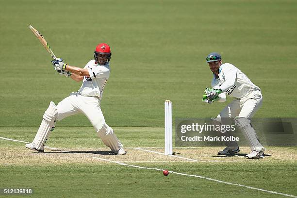 Jake Lehmann of the Redbacks bats as Ryan Carters of the Blues watches on during day one of the Sheffield Shield match between New South Wales and...