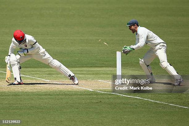 Alex Carey of the Redbacks looks back as Ryan Carters of the Blues attempts a stumping during day one of the Sheffield Shield match between New South...