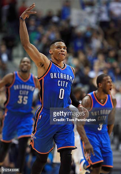 Russell Westbrook of the Oklahoma City Thunder celebrates after scoring against the Dallas Mavericks in the second half at American Airlines Center...