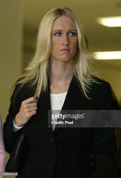 Amber Frey leaves the San Mateo County Courthouse after she was questioned by attorney Mark Geragos during the Scott Peterson trial August 24, 2004...