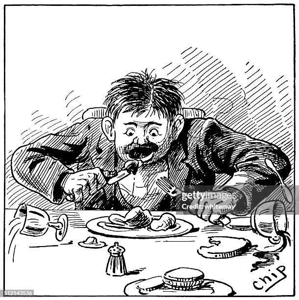 man greedily devouring his dinner - table top down stock illustrations