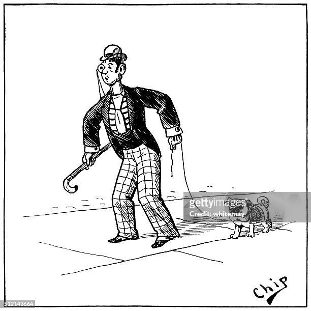 man walking a pug dog - monocle stock illustrations