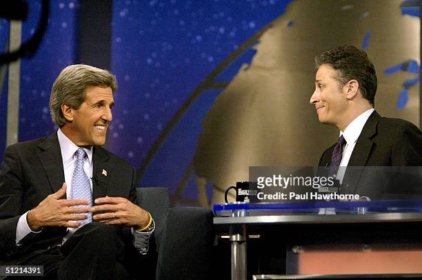Democratic presidential candidate U.S. Senator John Kerry speaks with Jon Stewart on "The Daily Show with Jon Stewart" August 24, 2004 in New York...