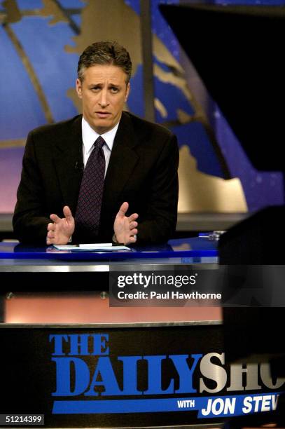 Host Jon Stewart prior to Democratic presidential candidate U.S. Senator John Kerry's visit to "The Daily Show with Jon Stewart" August 24, 2004 in...