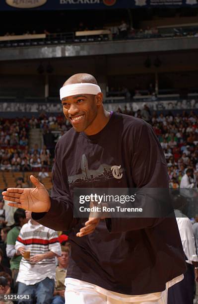Vince Carter of the Toronto Raptors is introduced to the fans during the Vince Carter All-Star Charity Game at the Air Canada Centre in Toronto,...