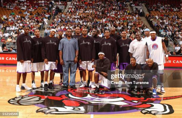 Participants in the Vince Carter All-Star Charity Game pose for a picture at the Air Canada Centre in Toronto, Canada on July 30, 2004 in Toronto,...