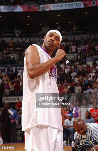 Vince Carter of the Toronto Raptors talks to the fans during the Vince Carter All Star Charity Game at the Air Canada Centre in Toronto, Canada on...