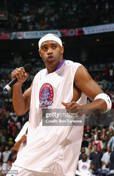 Vince Carter of the Toronto Raptors dances for the fans during the Vince Carter All Star Charity Game at the Air Canada Centre in Toronto, Canada on...