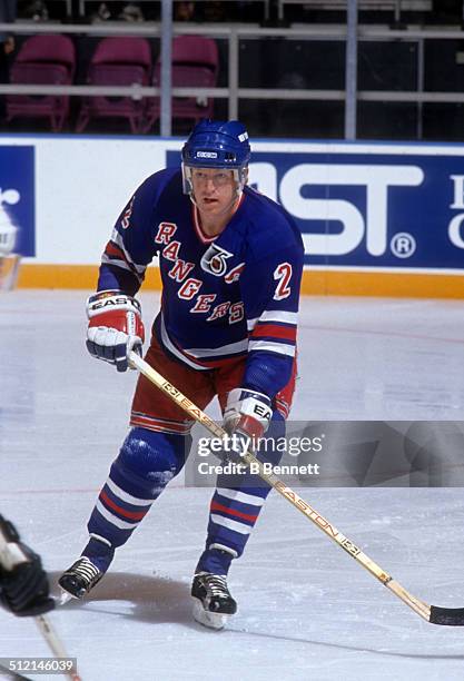 Brian Leetch of the New York Rangers skates on the ice during an NHL game against the Pittsburgh Penguins on April 16, 1992 at the Madison Square...