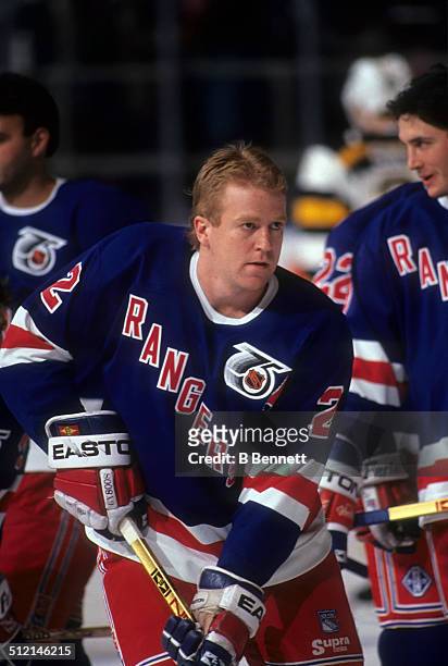 Brian Leetch of the New York Rangers skates on the ice before an NHL game in 1992 at the Madison Square Garden in New York, New York.