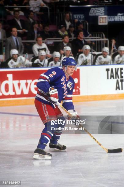 Brian Leetch of the New York Rangers skates on the ice during an NHL game against the Minnesota North Stars on February 21, 1992 at the Madison...