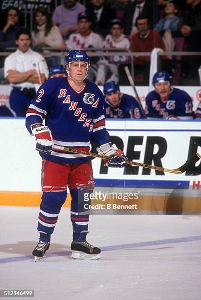 Brian Leetch of the New York Rangers skates on the ice during an NHL game in March, 1992 at the Madison Square Garden in New York, New York.