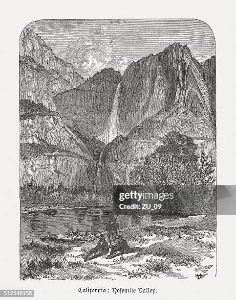 Bridalveil Fall Yosemite Valley California Usa Wood Engraving Published 1880 High-Res Vector Graphic