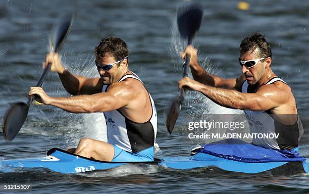 Italian Antonio Rossi and Beniamino Bonomi power to second place during the Men's K2 1000m semi-finals for the Athens 2004 Olympic Games at the...