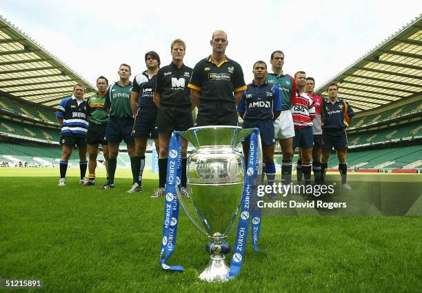 Captains of the Zurich Premiership teams Jonathan Humphreys of Bath, Bruce Reihana of Northampton Saints, Ryan Strudwick of London Irish, Tom Palmer...