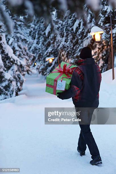 man walking in snow carrying present - carteiro imagens e fotografias de stock