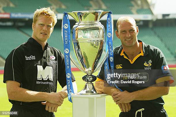 Hugh Vyvyan captain of Saracens and Lawrence Dallaglio of London Wasps who will kick off the Zurich Premiership on September 4 attend the Launch of...