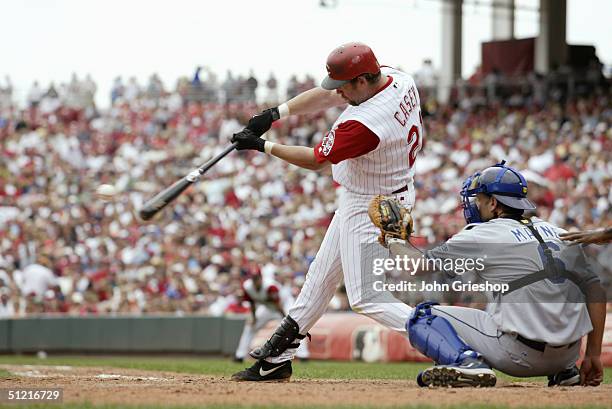 Infielder Sean Casey of the Cincinnati Reds bats during MLB Game against the Los Angeles Dodgers at Great American Ball Park on August 12, 2004 in...