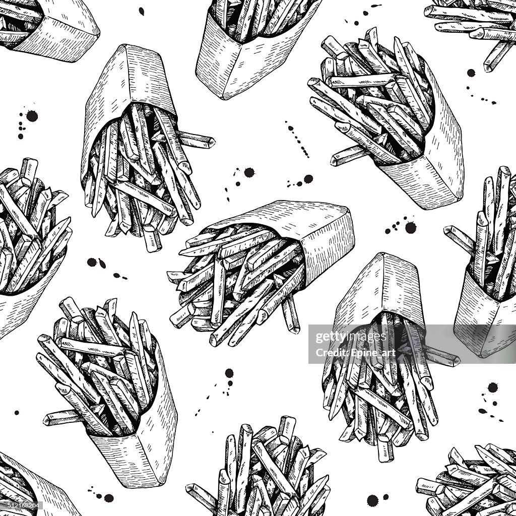 Fries Pattern Vector Seamless Vintage French Fries Pattern Hand Drawn Monochr High ...