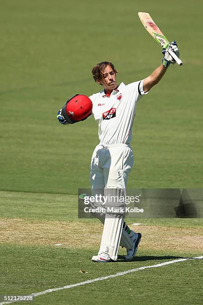 Jake Lehmann of the Redbacks celebrates his century during day one of the Sheffield Shield match between New South Wales and South Australia at Coffs...