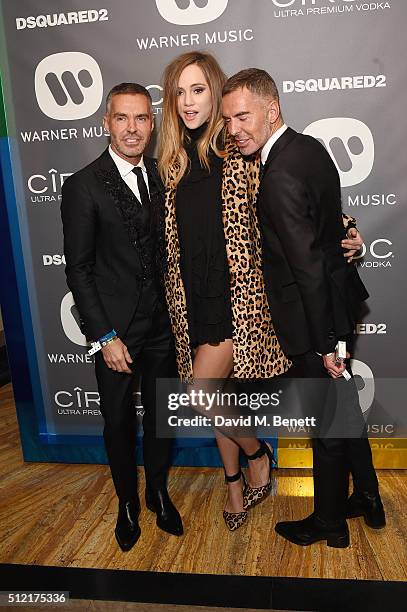 Dean Caten, Suki Waterhouse and Dan Caten attend the Warner Music Group & Ciroc Vodka Brit Awards after party at Freemasons Hall on February 24, 2016...