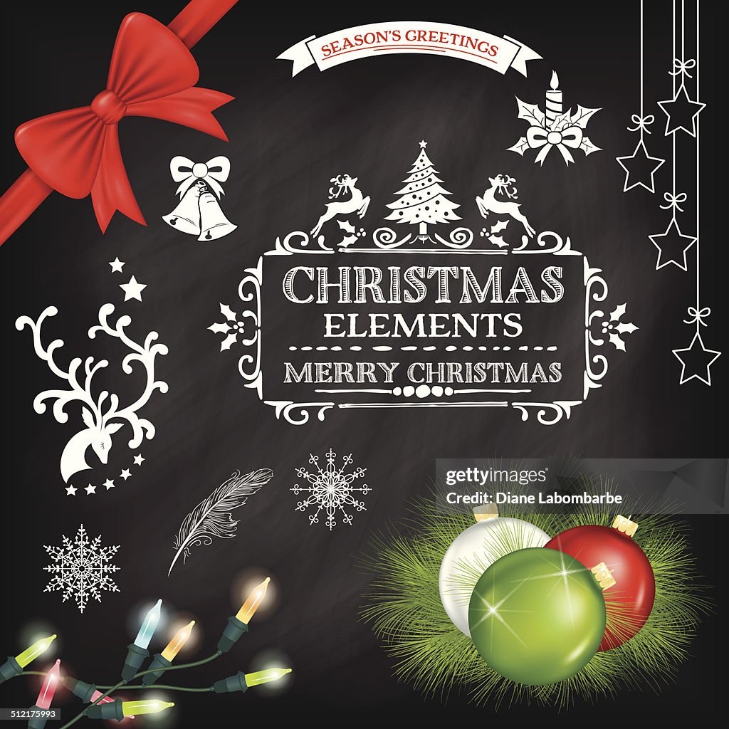 Decorazioni di Natale su sfondo Chalkboard & etichette