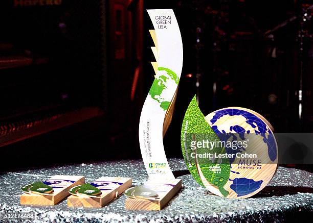 Awards are displayed onstage during Global Green USA's 13th annual pre-Oscar party at Mr. C Beverly Hills on February 24, 2016 in Los Angeles,...